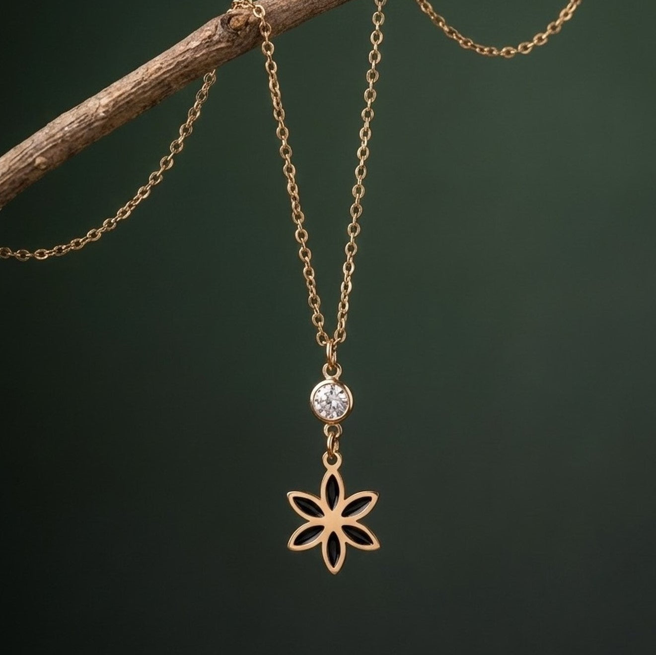 Petal Bloom Black Enamel Pendant Necklace